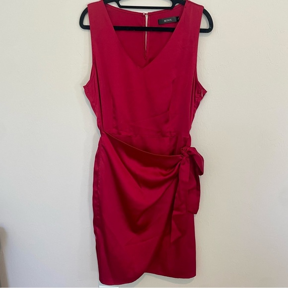 Satin Red Faux Wrap Dress - Picture 2 of 4
